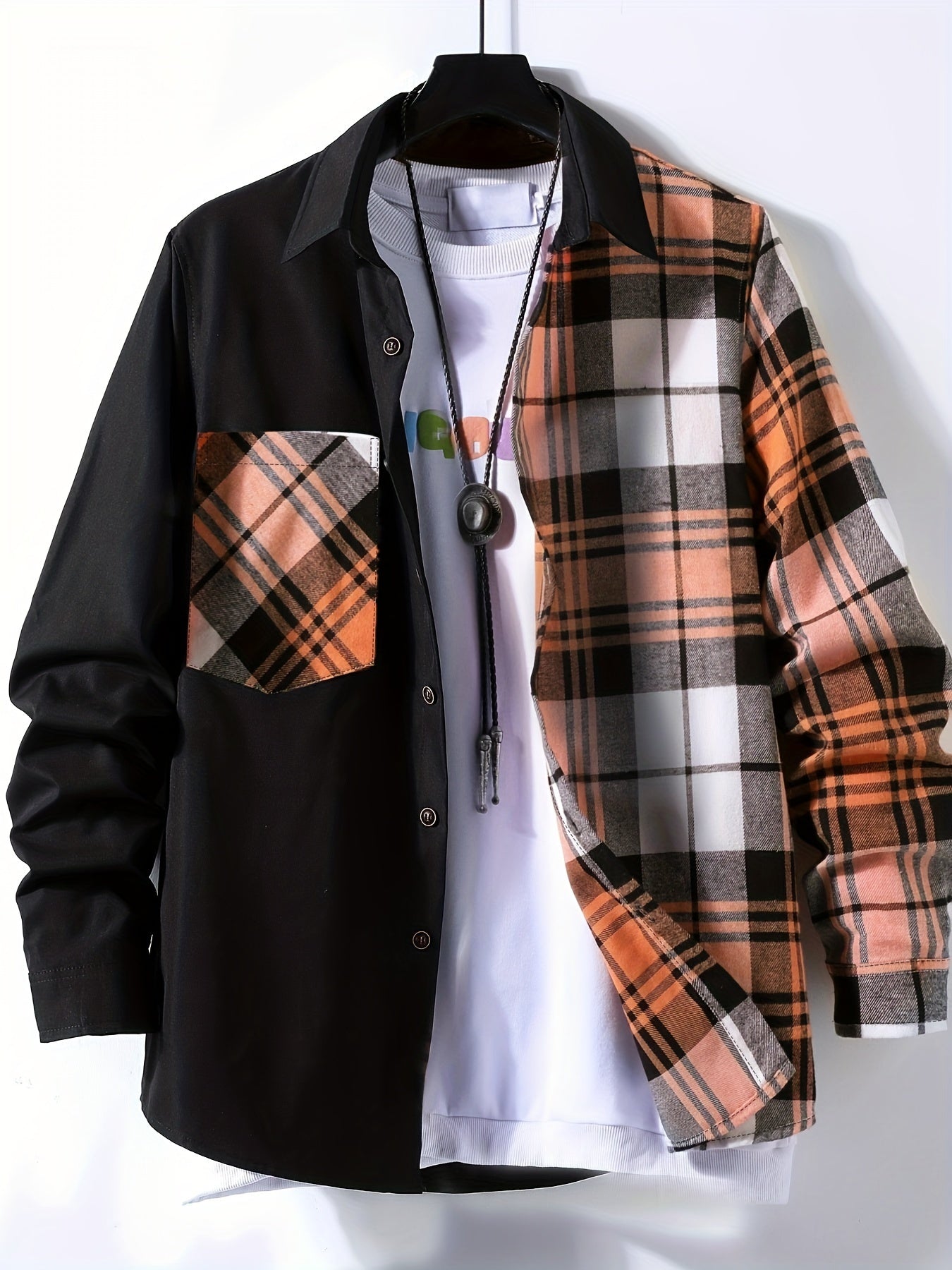 Vibrant Plaid Pattern Collage Chest Pocket Long Sleeve Button Up Shirt - Stylish Casual Wear for Spring, Summer, and Fall Outdoor Activities - Soft, Breathable, and Comfortable Men's Clothing for Everyday Wear