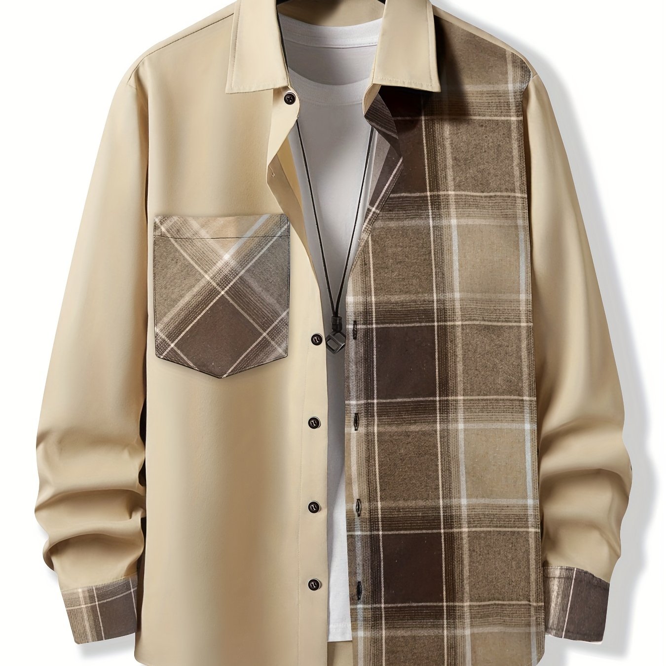 Vibrant Plaid Pattern Collage Chest Pocket Long Sleeve Button Up Shirt - Stylish Casual Wear for Spring, Summer, and Fall Outdoor Activities - Soft, Breathable, and Comfortable Men's Clothing for Everyday Wear