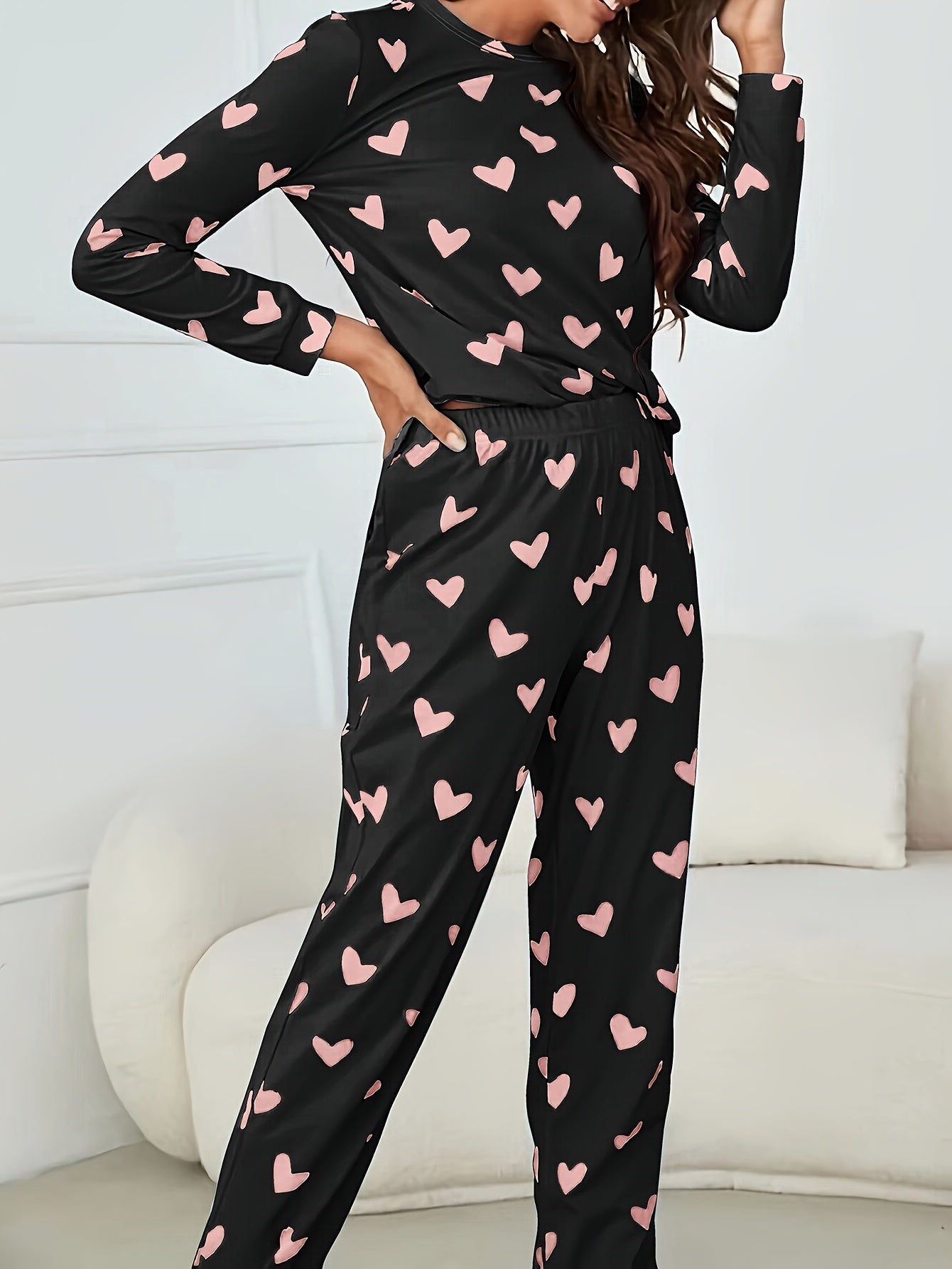 Long Sleeve Heart Print Pajama Set, Crew Neck Top & Elastic Waistband Pants for Women's Sleepwear & Loungewear