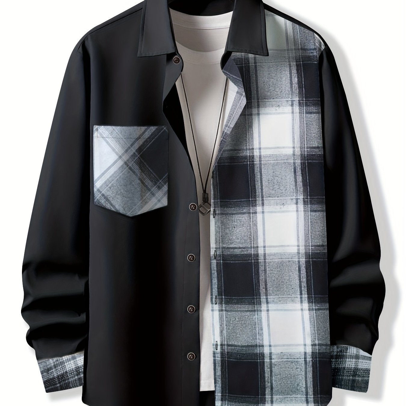 Vibrant Plaid Pattern Collage Chest Pocket Long Sleeve Button Up Shirt - Stylish Casual Wear for Spring, Summer, and Fall Outdoor Activities - Soft, Breathable, and Comfortable Men's Clothing for Everyday Wear