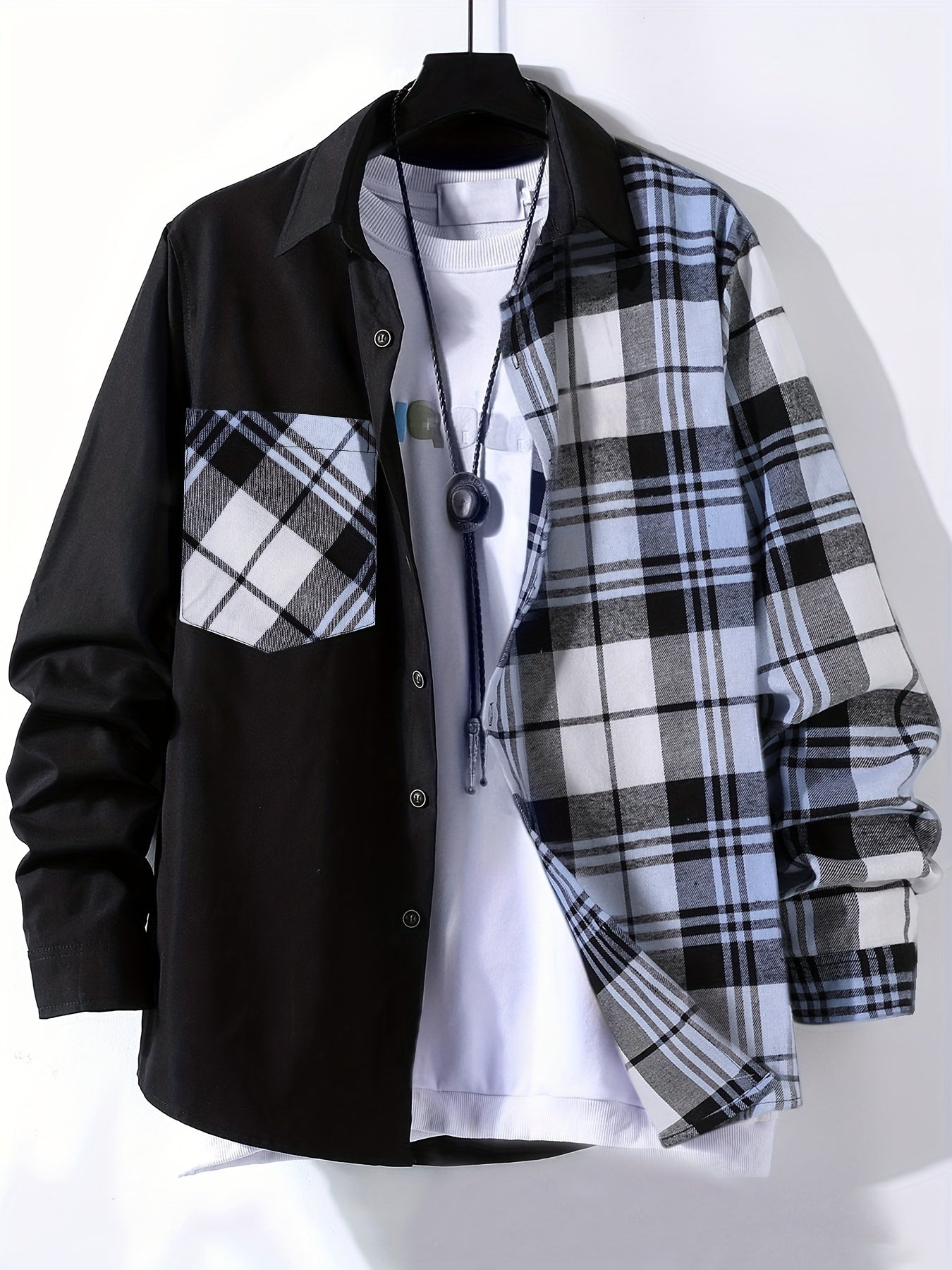 Vibrant Plaid Pattern Collage Chest Pocket Long Sleeve Button Up Shirt - Stylish Casual Wear for Spring, Summer, and Fall Outdoor Activities - Soft, Breathable, and Comfortable Men's Clothing for Everyday Wear