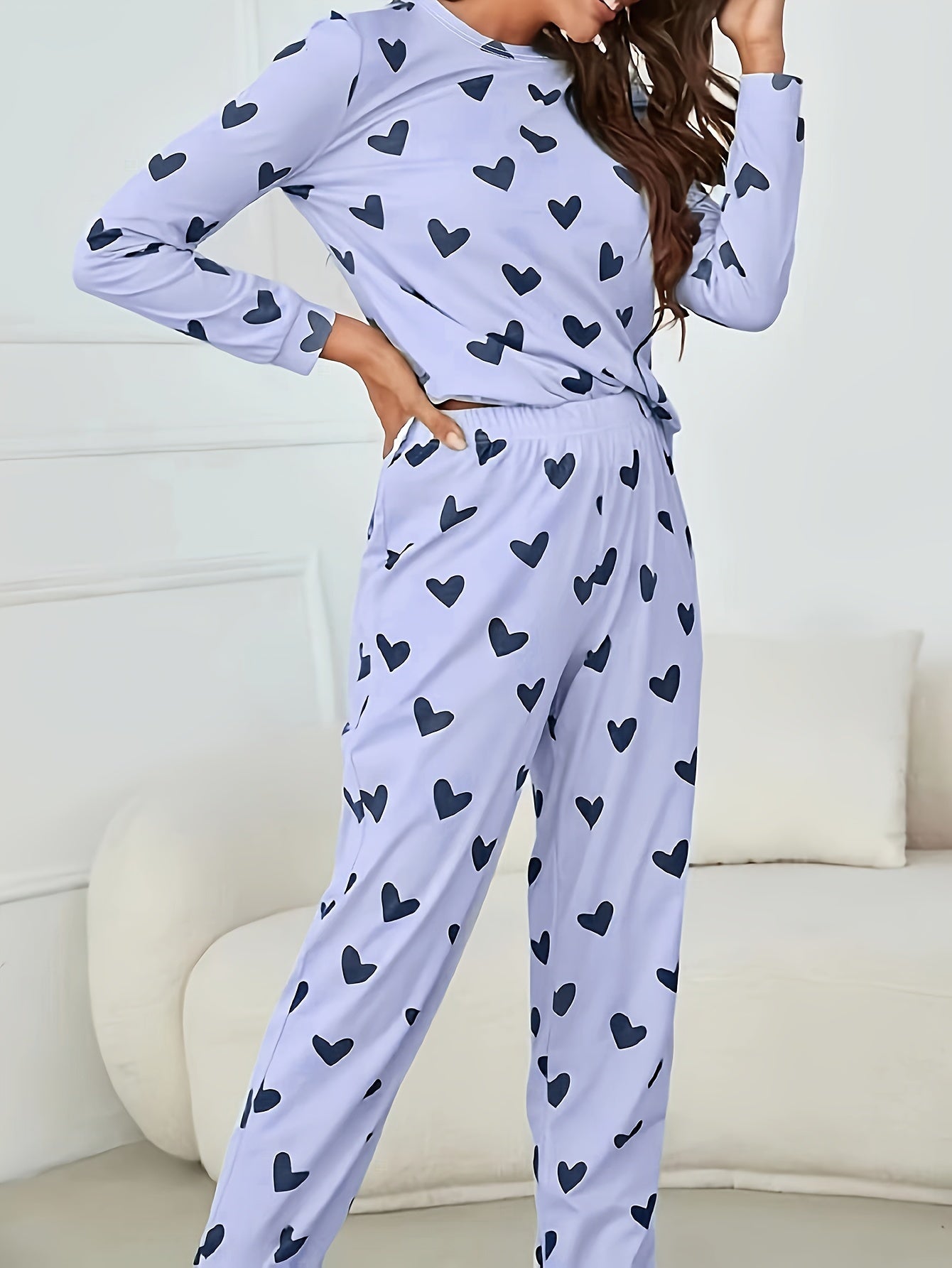 Long Sleeve Heart Print Pajama Set, Crew Neck Top & Elastic Waistband Pants for Women's Sleepwear & Loungewear