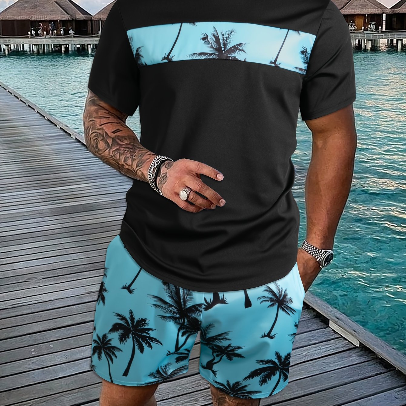 2Pcs Men's Tropical Coconut Tree Print Casual Outfits - Crew Neck Short Sleeve T-shirt & Drawstring Shorts Set - For Summer Vacation & Resorts - Men's Clothing