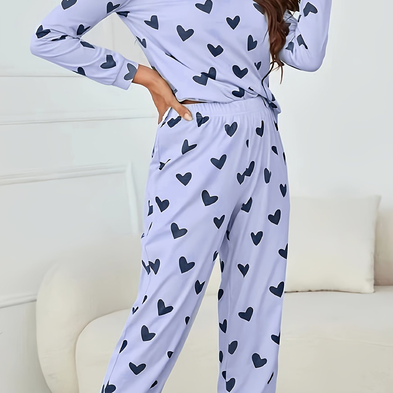 Long Sleeve Heart Print Pajama Set, Crew Neck Top & Elastic Waistband Pants for Women's Sleepwear & Loungewear