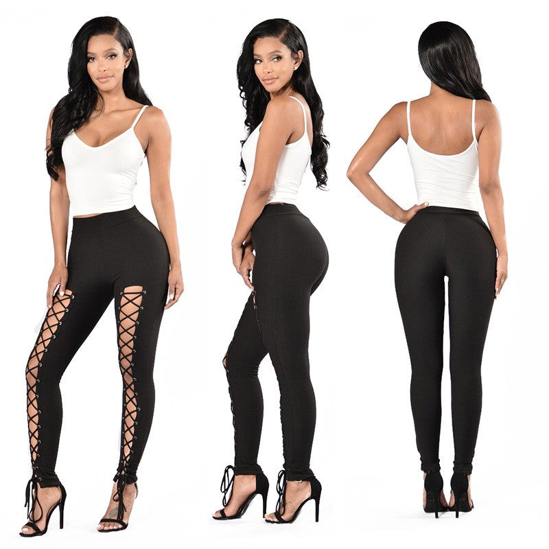 Sexy Loose Cross Lace Up Pants, Solid Double Breasted Cross Strap Tie Fashion Pants, Women's Clothing