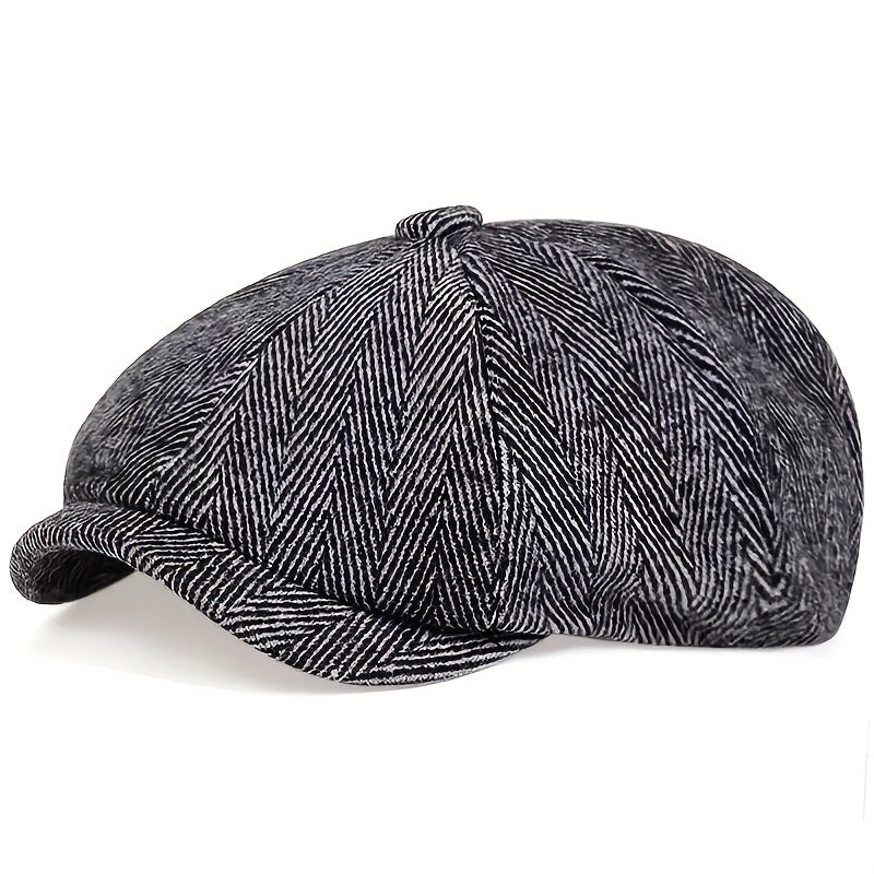 Men's Retro Octagonal Herringbone Hat, Casual Striped Beret, Gatsby Flat Hat