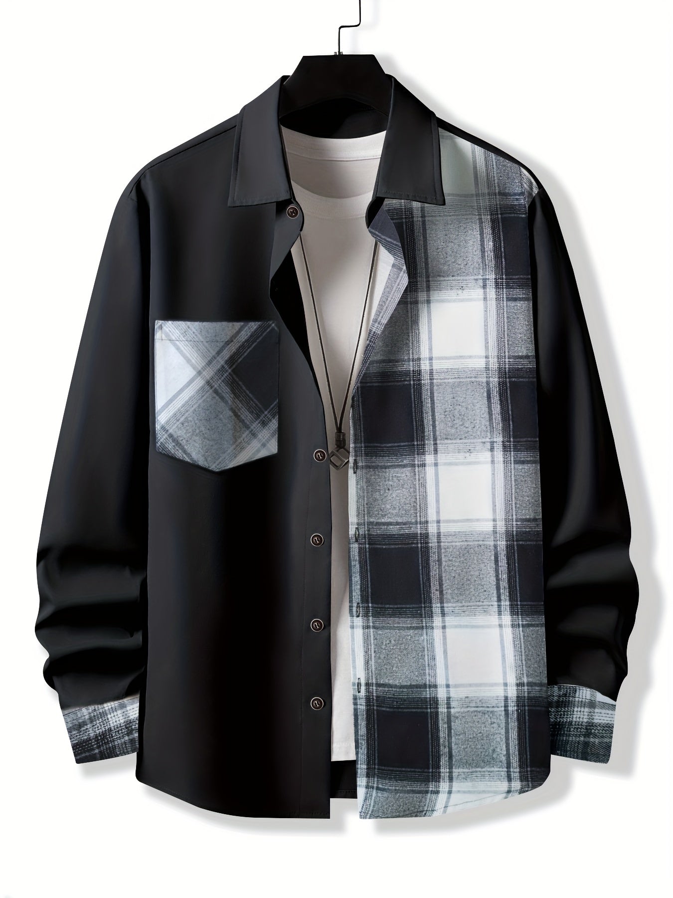 Vibrant Plaid Pattern Collage Chest Pocket Long Sleeve Button Up Shirt - Stylish Casual Wear for Spring, Summer, and Fall Outdoor Activities - Soft, Breathable, and Comfortable Men's Clothing for Everyday Wear