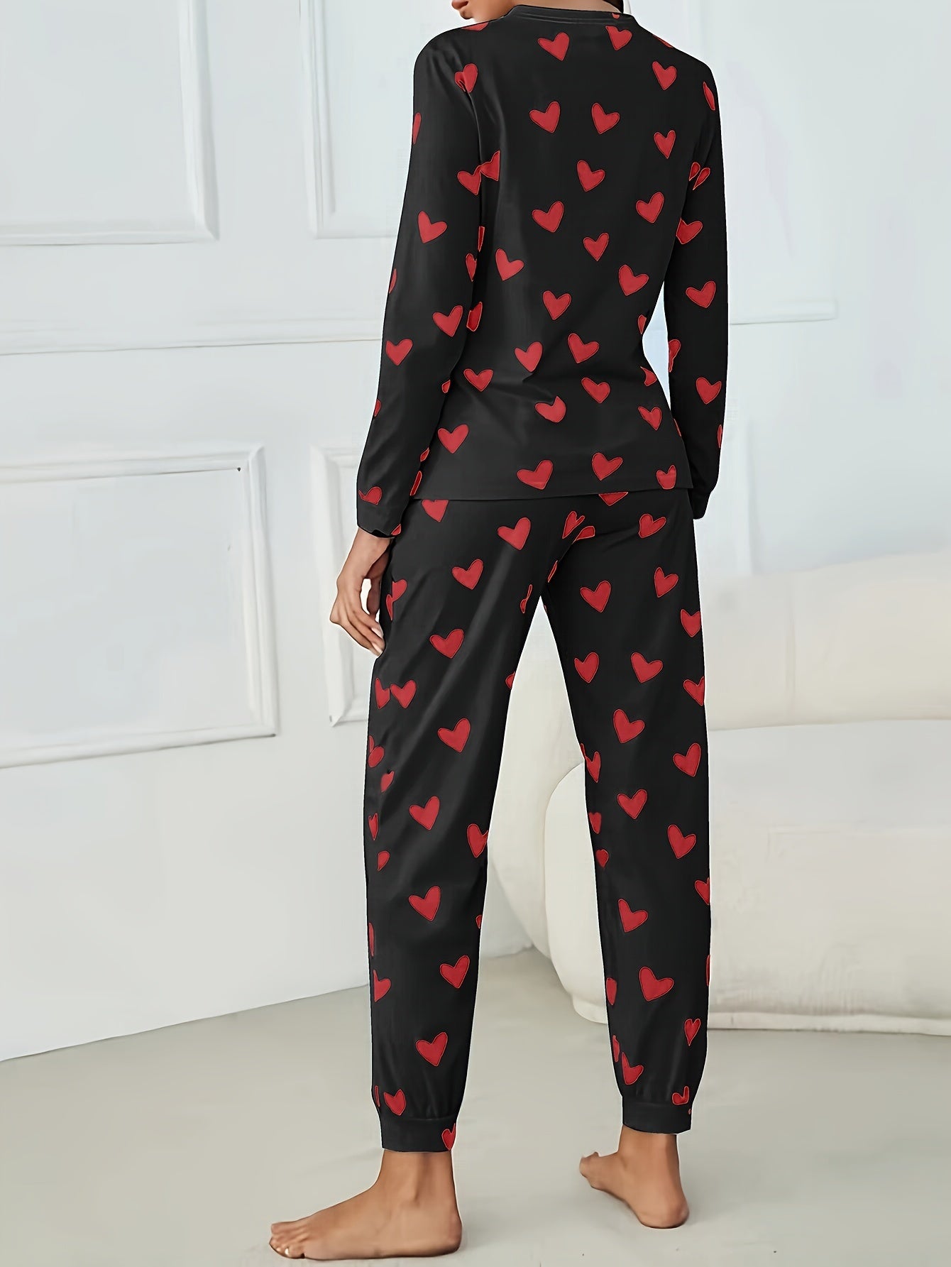 Long Sleeve Heart Print Pajama Set, Crew Neck Top & Elastic Waistband Pants for Women's Sleepwear & Loungewear