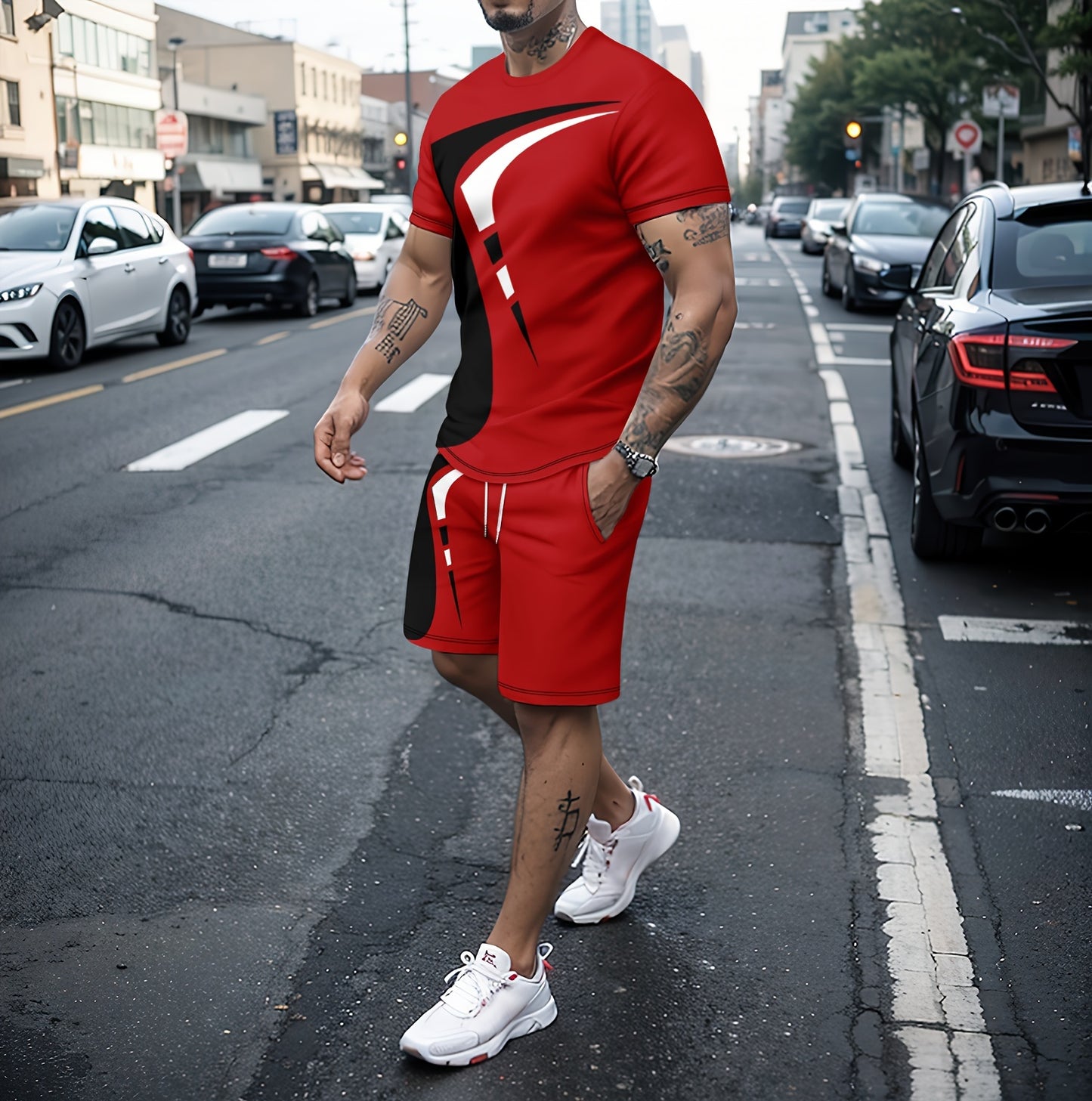 2Pcs Trendy Outfits For Men, Casual Crew Neck Short Sleeve T-shirt And Drawstring Shorts Set For Summer, Men's Clothing Vacation Workout