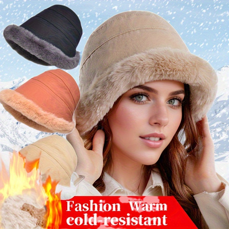 Thickened Faux Fur Winter Bucket Hat, Thermal Fisherman Warmer Hat with Ear Protection for Women, Xmas Gift