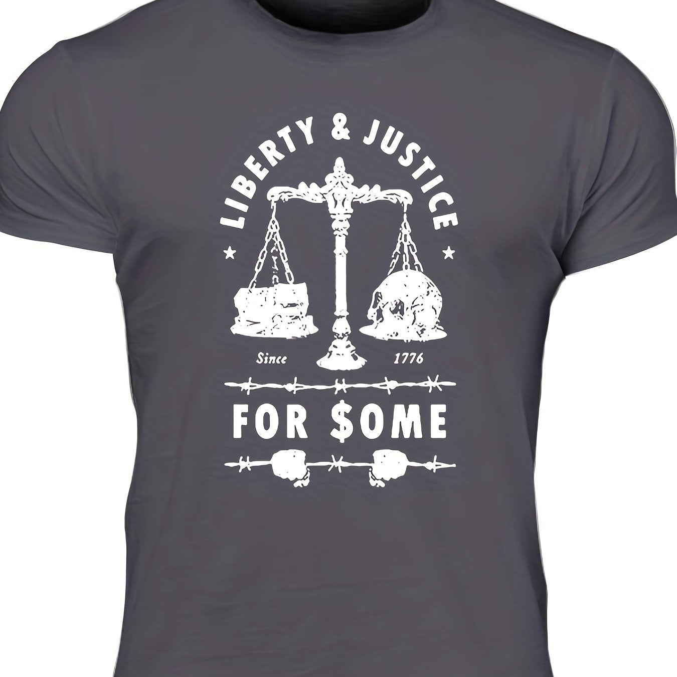 Men's "Liberty & Justice" Print T-shirt, Casual Comfy Slightly Stretch Crew Neck Tee, Men's Clothing For Summer Outdoor