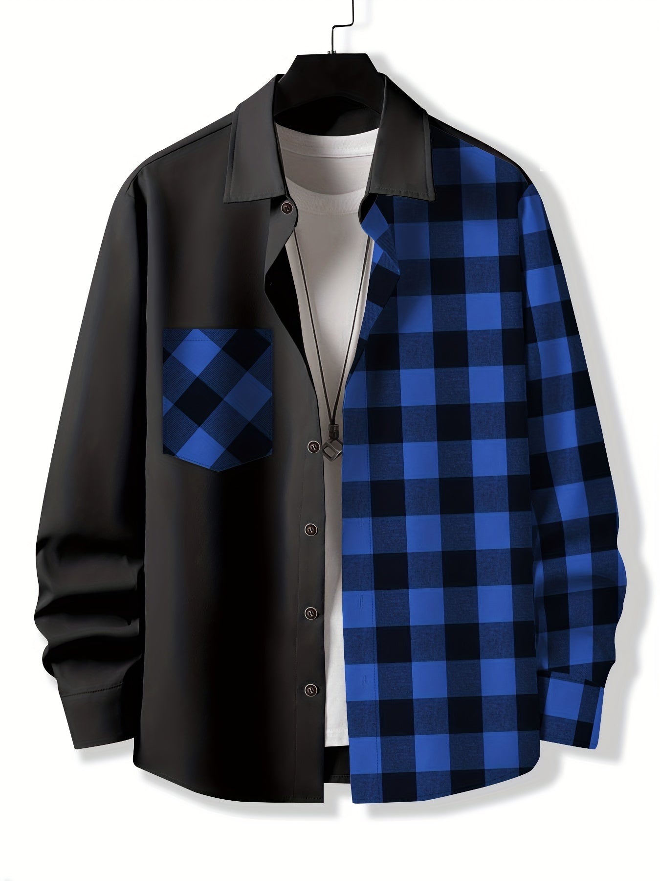 Vibrant Plaid Pattern Collage Chest Pocket Long Sleeve Button Up Shirt - Stylish Casual Wear for Spring, Summer, and Fall Outdoor Activities - Soft, Breathable, and Comfortable Men's Clothing for Everyday Wear
