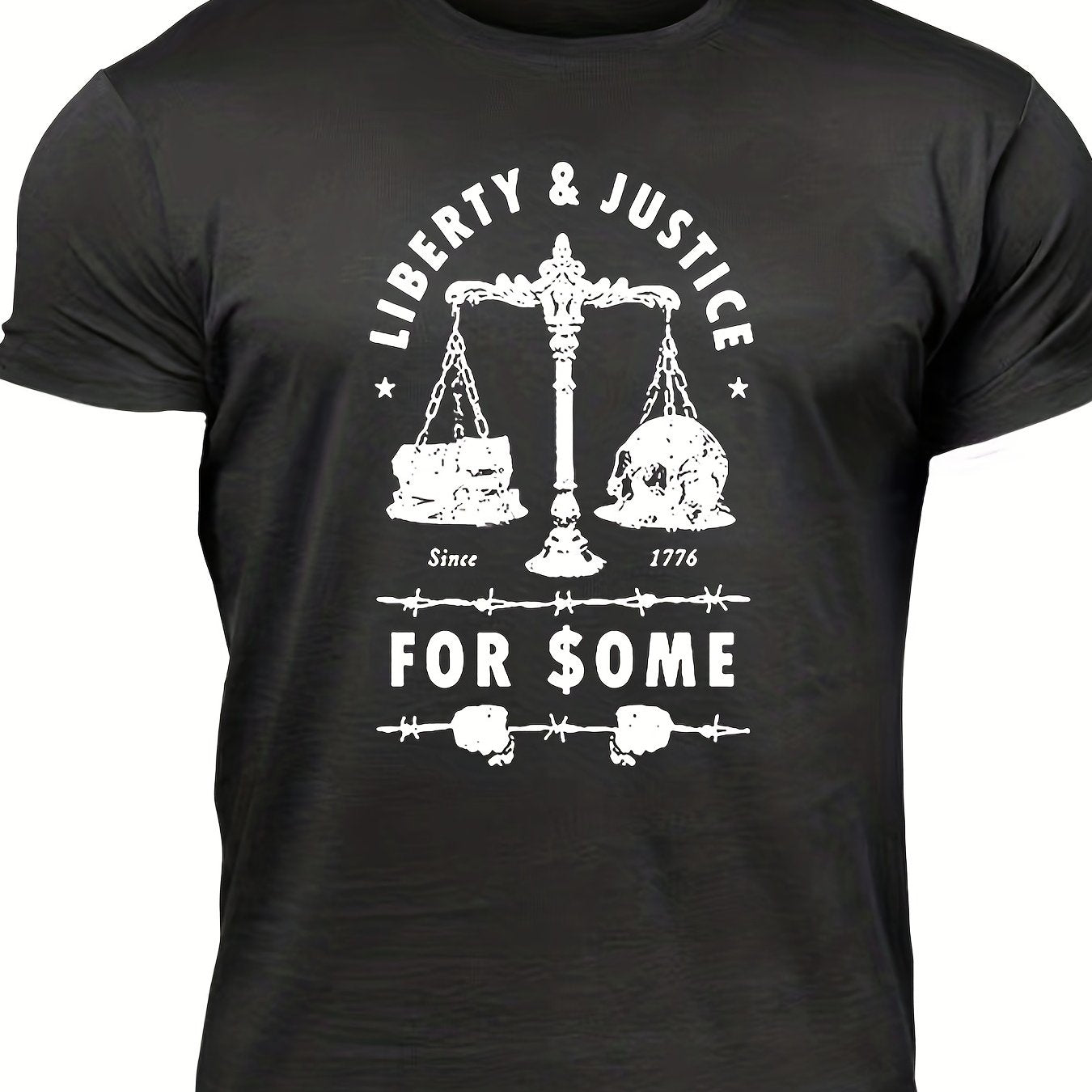 Men's "Liberty & Justice" Print T-shirt, Casual Comfy Slightly Stretch Crew Neck Tee, Men's Clothing For Summer Outdoor
