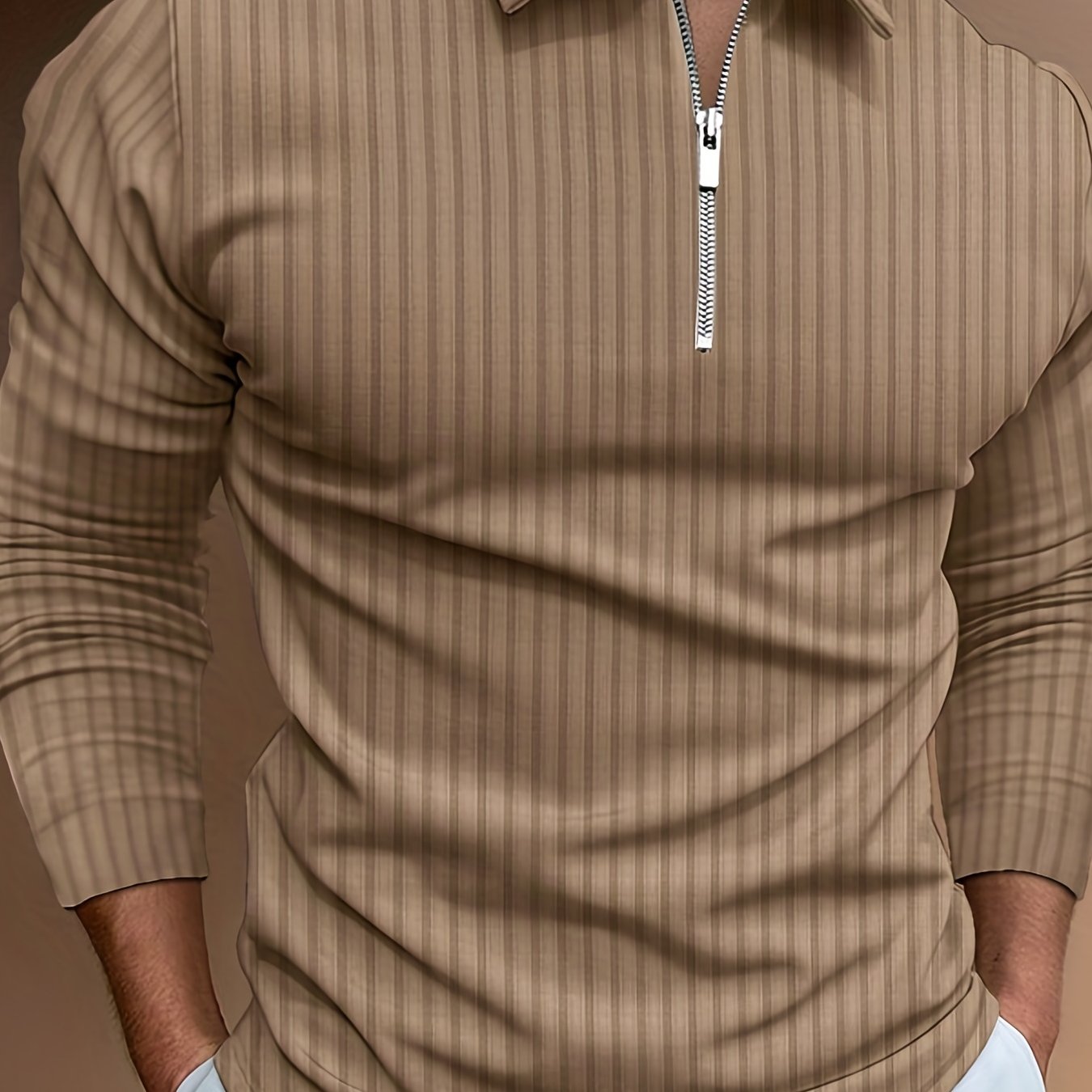 Vertical Stripe Men's Casual Long Sleeve Zipper Shirts, Lapel Collar Tops Pullovers, Men's Clothing For Spring Autumn