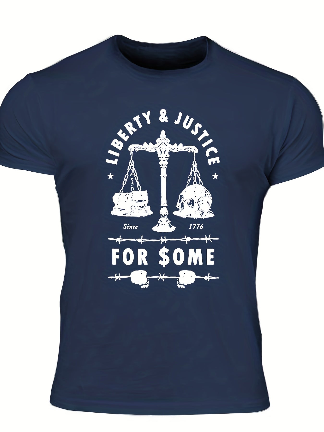 Men's "Liberty & Justice" Print T-shirt, Casual Comfy Slightly Stretch Crew Neck Tee, Men's Clothing For Summer Outdoor