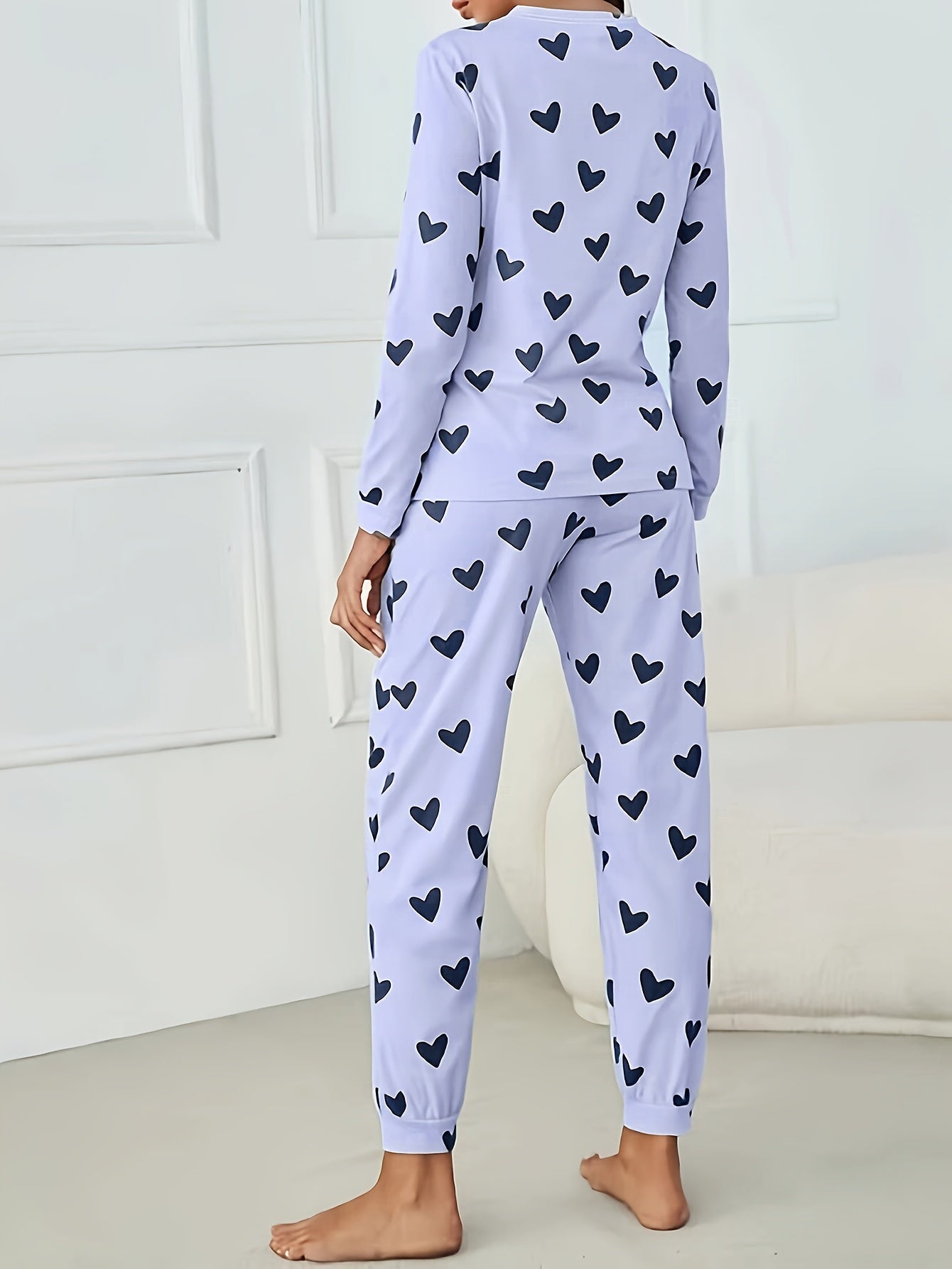 Long Sleeve Heart Print Pajama Set, Crew Neck Top & Elastic Waistband Pants for Women's Sleepwear & Loungewear