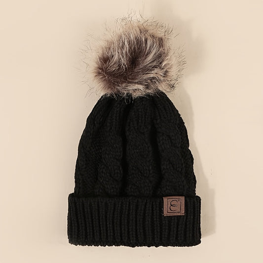 Winter Oversized Solid Color Cable Knitted Pom Pom Beanie Hat, Valentine's Gifts For Her