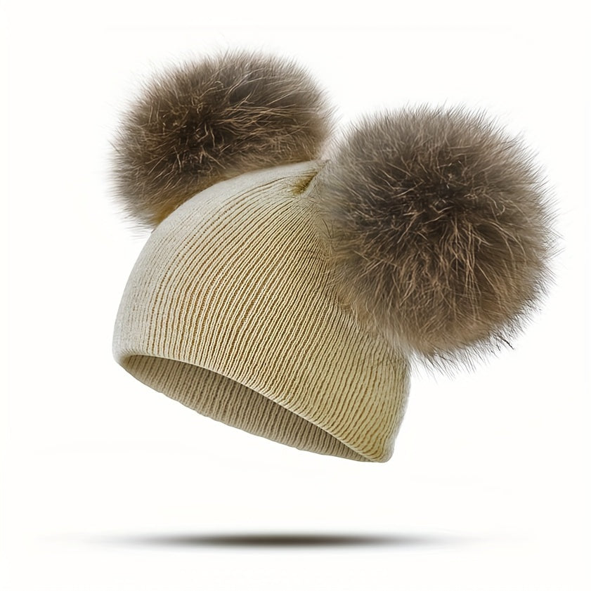 1-3 Years Old Kids' Warm Knitted Beanie Hat with Pompoms Fur Ball, Soft and Cozy for Boys and Girls