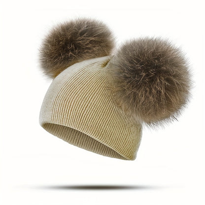 1-3 Years Old Kids' Warm Knitted Beanie Hat with Pompoms Fur Ball, Soft and Cozy for Boys and Girls