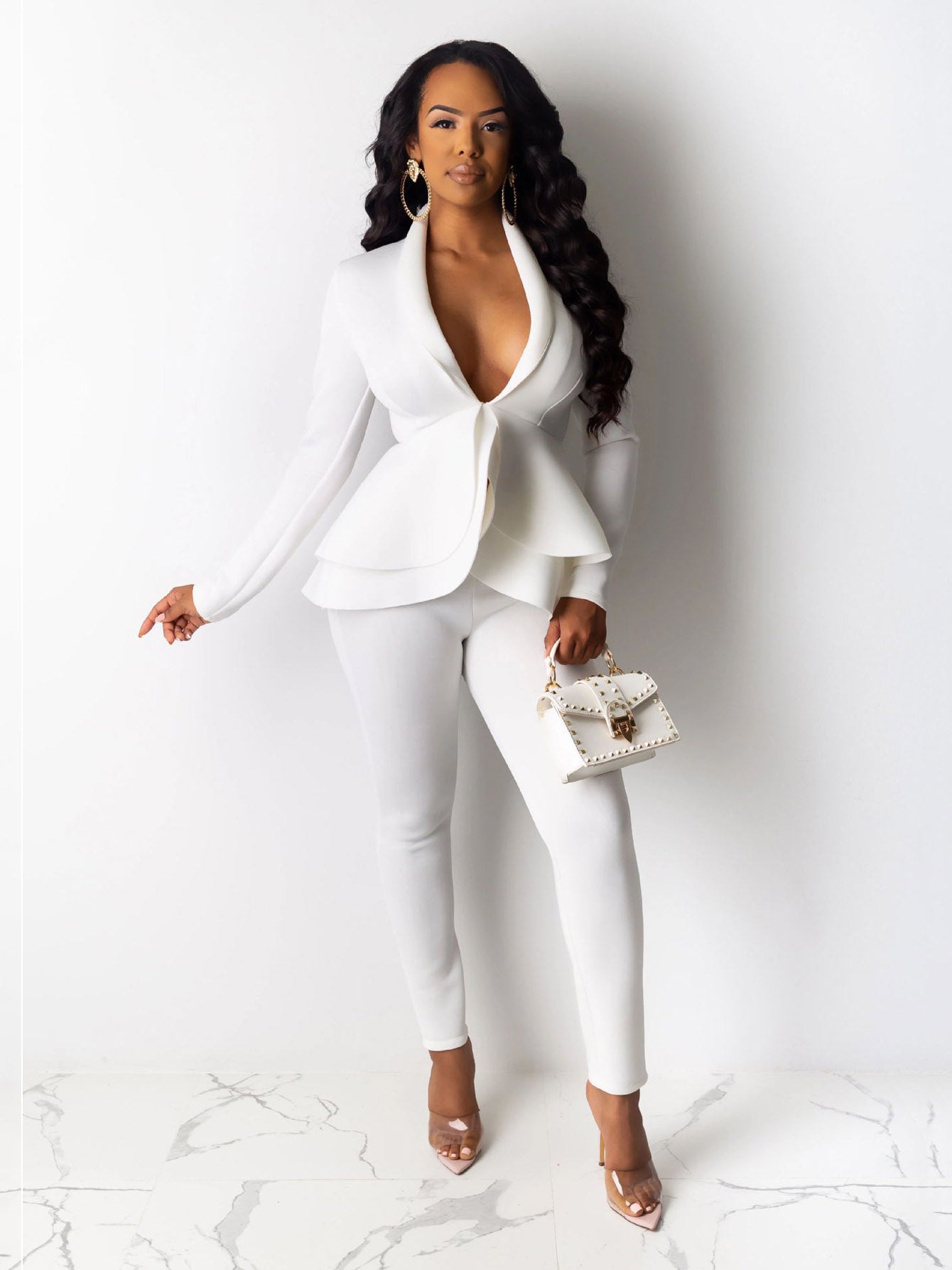 Fall/Winter Chic Solid Bodycon Tunic Pantsuit - Deep V-Neck, Ruffled Hem, Long Sleeve, Easy-Care Stretch Fabric for Casual Elegance