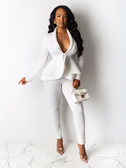 Fall/Winter Chic Solid Bodycon Tunic Pantsuit - Deep V-Neck, Ruffled Hem, Long Sleeve, Easy-Care Stretch Fabric for Casual Elegance
