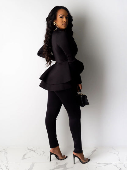 Fall/Winter Chic Solid Bodycon Tunic Pantsuit - Deep V-Neck, Ruffled Hem, Long Sleeve, Easy-Care Stretch Fabric for Casual Elegance
