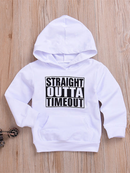 Children's STRAIGHT OUTTA TIMEOUT Letter Print Hooded Sweatshirt With Pocket, Kids Cotton Active Hoodies