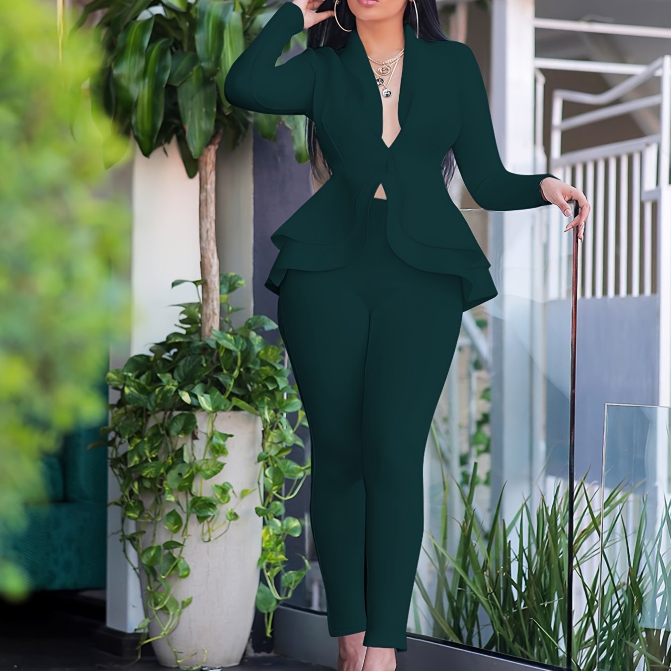 Fall/Winter Chic Solid Bodycon Tunic Pantsuit - Deep V-Neck, Ruffled Hem, Long Sleeve, Easy-Care Stretch Fabric for Casual Elegance