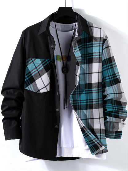 Vibrant Plaid Pattern Collage Chest Pocket Long Sleeve Button Up Shirt - Stylish Casual Wear for Spring, Summer, and Fall Outdoor Activities - Soft, Breathable, and Comfortable Men's Clothing for Everyday Wear