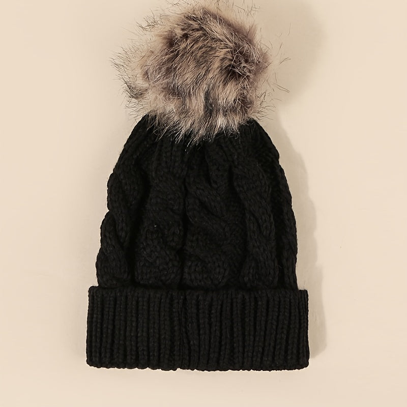 Winter Oversized Solid Color Cable Knitted Pom Pom Beanie Hat, Valentine's Gifts For Her