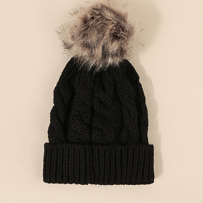 Winter Oversized Solid Color Cable Knitted Pom Pom Beanie Hat, Valentine's Gifts For Her