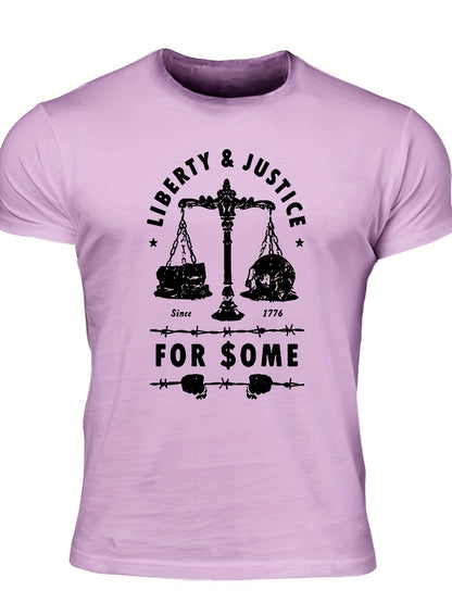 Men's "Liberty & Justice" Print T-shirt, Casual Comfy Slightly Stretch Crew Neck Tee, Men's Clothing For Summer Outdoor