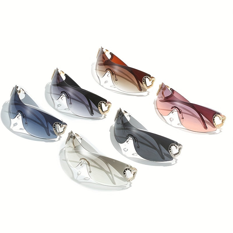 Y2K Wrap Around Fashion Sunglasses For Women Men One-piece Gradient Lens Glasses Heart Design Hollow Temple Eyewear sunglasses