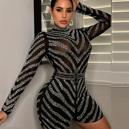 Sexy High Neck Long Sleeve Rhinestone Mesh Jumpsuit - Stretchy Semi-Sheer Clubwear for Women - Perfect for Birthday Party, Nightclub, Spring and Fall Season