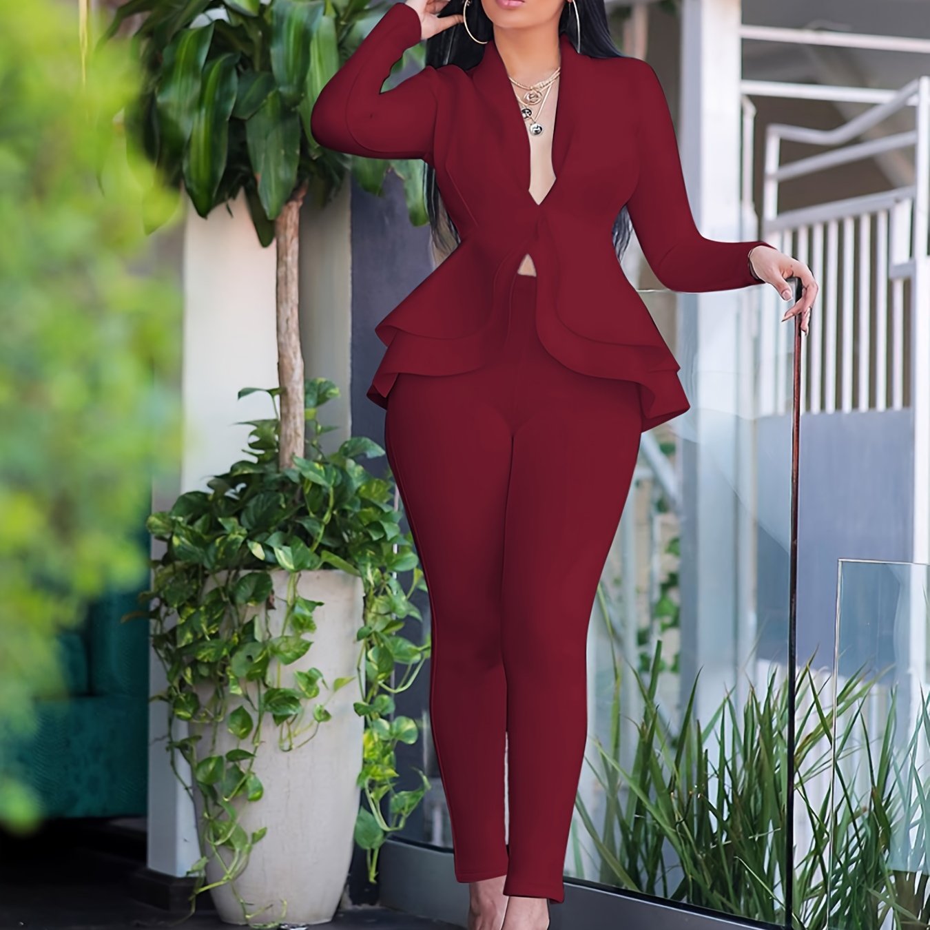 Fall/Winter Chic Solid Bodycon Tunic Pantsuit - Deep V-Neck, Ruffled Hem, Long Sleeve, Easy-Care Stretch Fabric for Casual Elegance