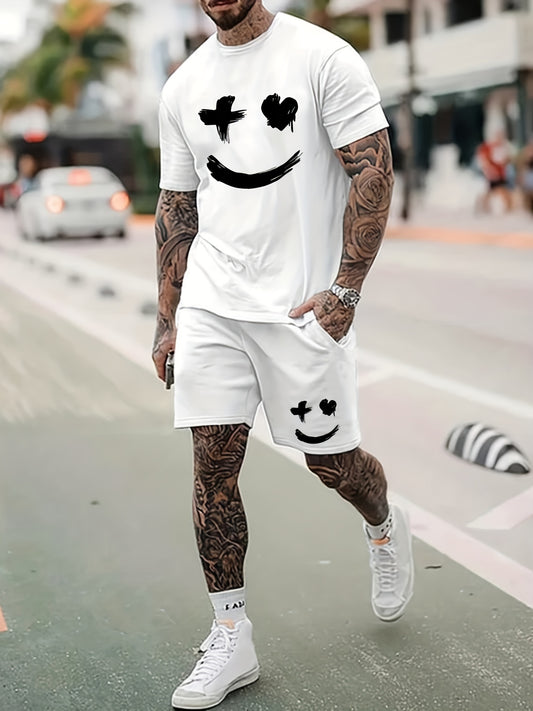 Big Smile Pattern 2Pcs Trendy Outfits For Men, Casual Crew Neck Short Sleeve T-shirt And Drawstring Shorts Set For Summer, Men's Clothing for Vacation Workout