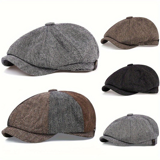 Men's Retro Octagonal Herringbone Hat, Casual Striped Beret, Gatsby Flat Hat