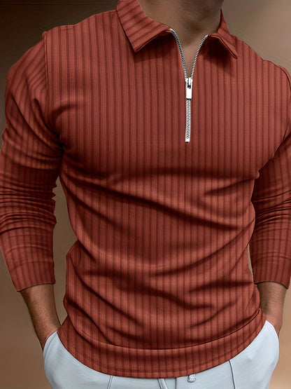 Vertical Stripe Men's Casual Long Sleeve Zipper Shirts, Lapel Collar Tops Pullovers, Men's Clothing For Spring Autumn
