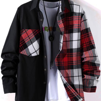 Vibrant Plaid Pattern Collage Chest Pocket Long Sleeve Button Up Shirt - Stylish Casual Wear for Spring, Summer, and Fall Outdoor Activities - Soft, Breathable, and Comfortable Men's Clothing for Everyday Wear