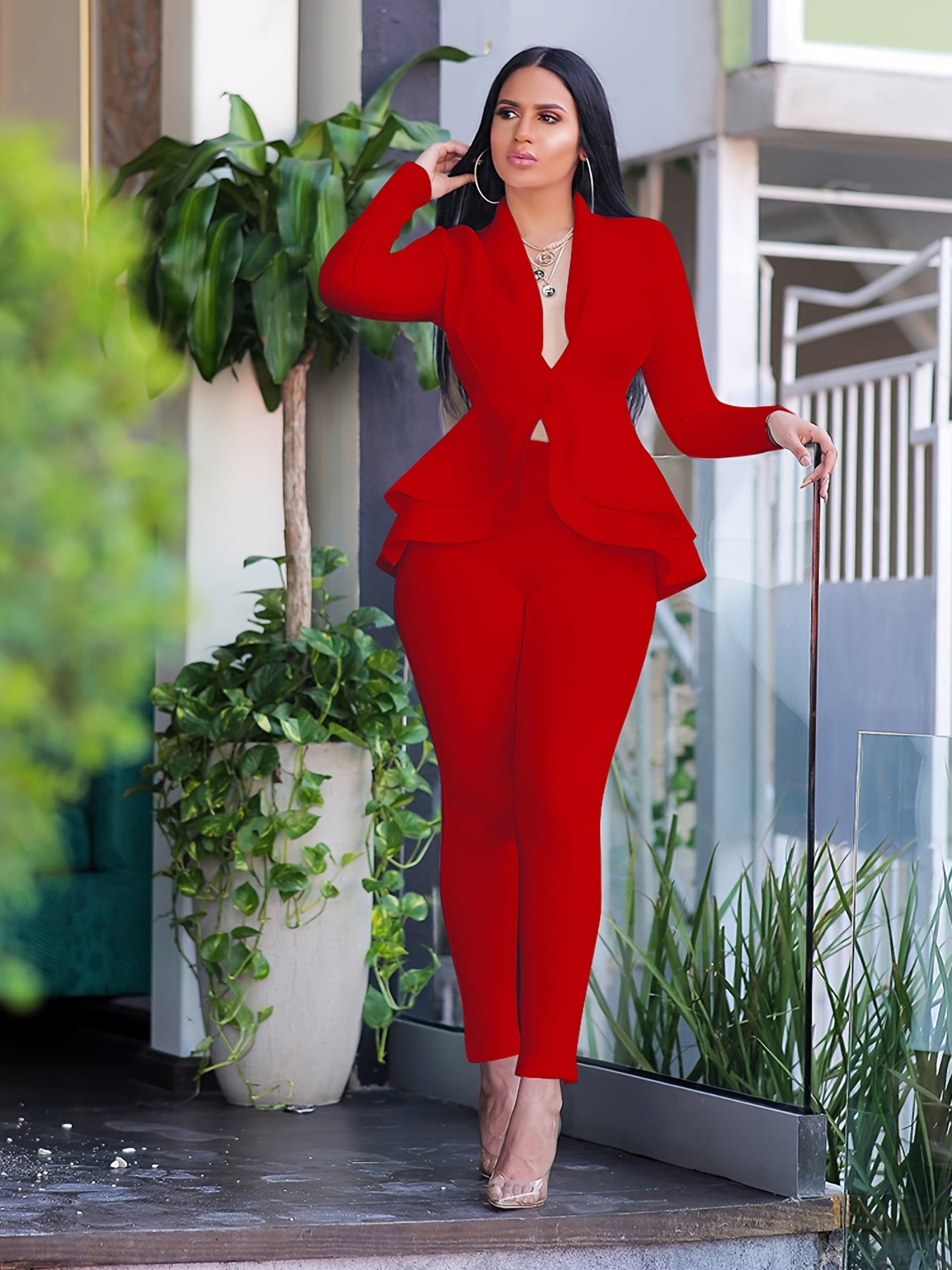 Fall/Winter Chic Solid Bodycon Tunic Pantsuit - Deep V-Neck, Ruffled Hem, Long Sleeve, Easy-Care Stretch Fabric for Casual Elegance