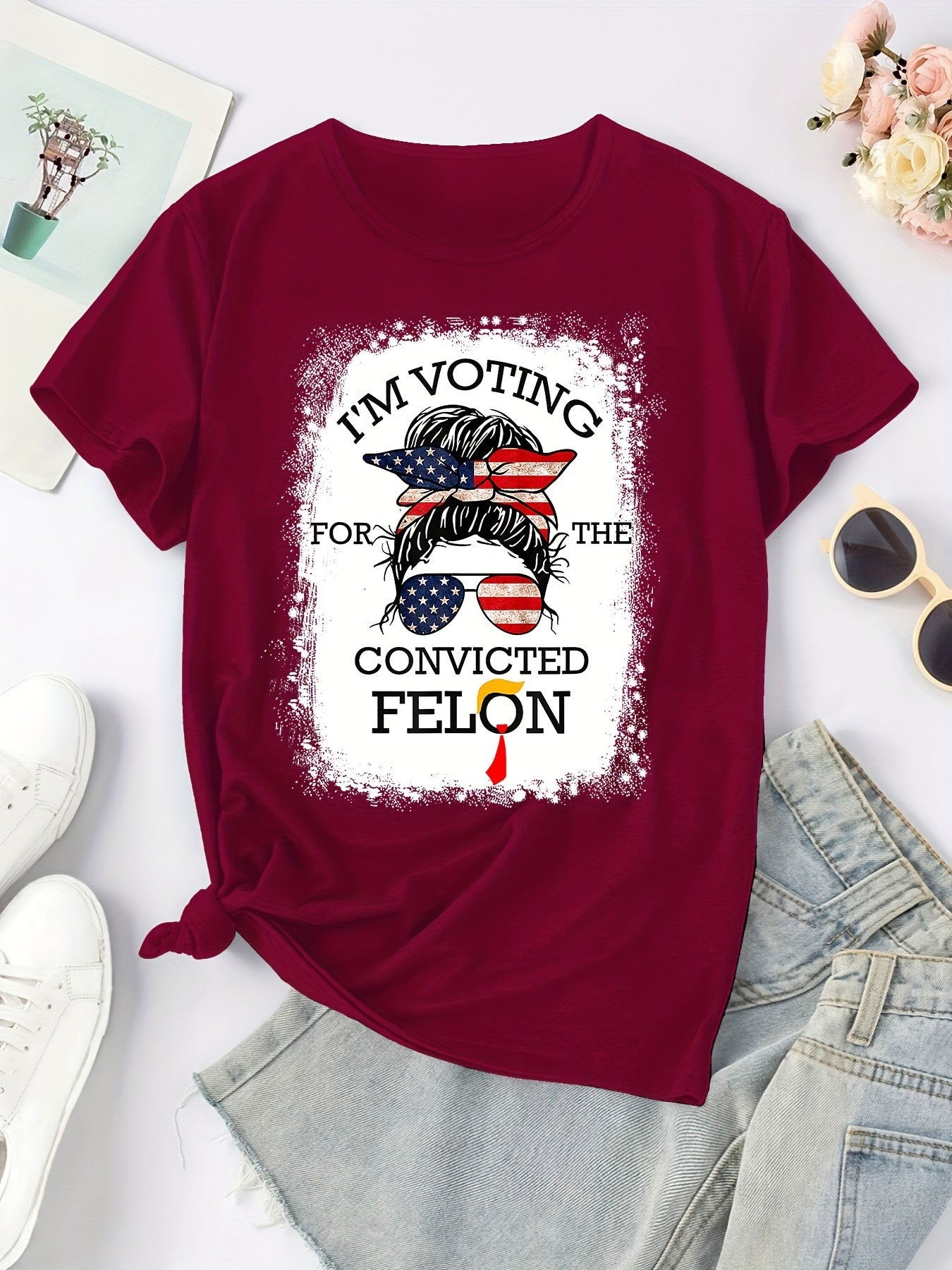 Flag scarf sunglasses Girls printed round neck T-shirt, Spring & Summer short sleeve T-shirt, Sports casual everyday top, women's wear