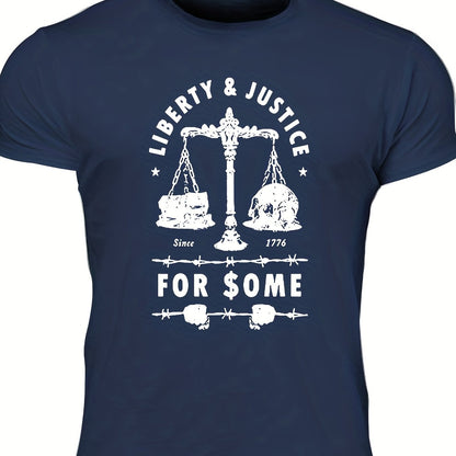 Men's "Liberty & Justice" Print T-shirt, Casual Comfy Slightly Stretch Crew Neck Tee, Men's Clothing For Summer Outdoor