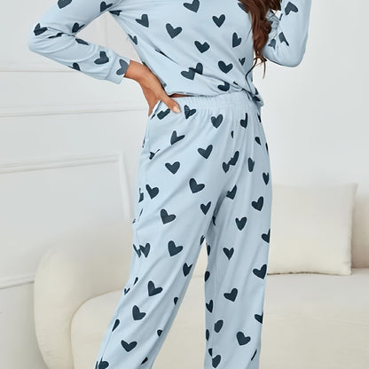 Long Sleeve Heart Print Pajama Set, Crew Neck Top & Elastic Waistband Pants for Women's Sleepwear & Loungewear