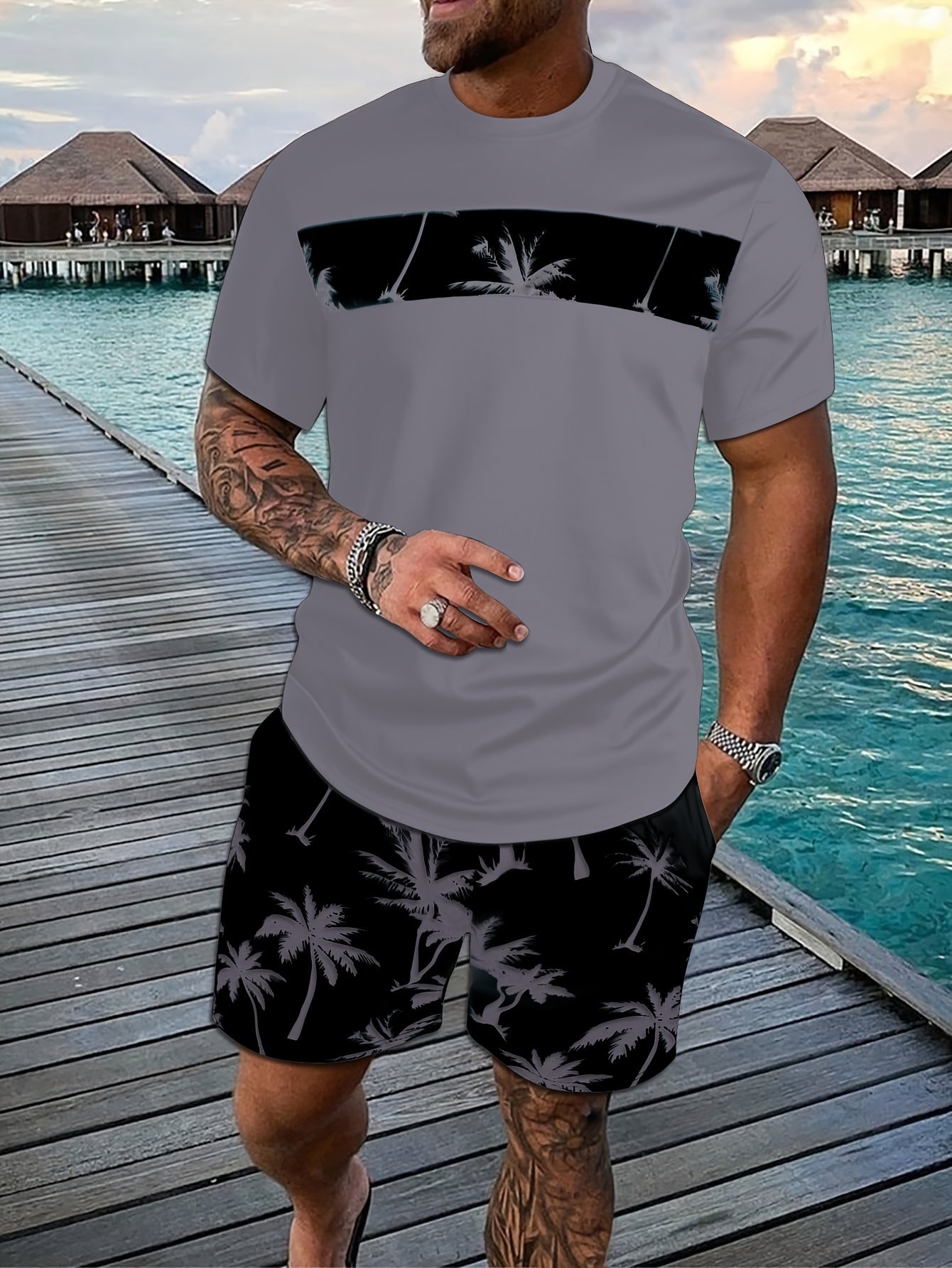 2Pcs Men's Tropical Coconut Tree Print Casual Outfits - Crew Neck Short Sleeve T-shirt & Drawstring Shorts Set - For Summer Vacation & Resorts - Men's Clothing