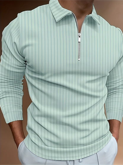 Vertical Stripe Men's Casual Long Sleeve Zipper Shirts, Lapel Collar Tops Pullovers, Men's Clothing For Spring Autumn