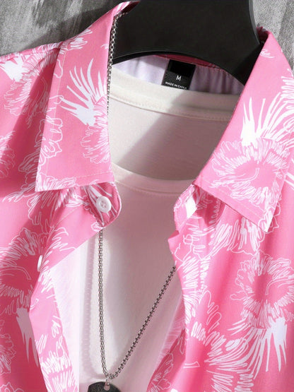 Tropical Floral Print, Men's 2Pcs Outfits, Casual Camp Collar Lapel Button Up Short Sleeve Shirts Hawaiian Shirt And Drawstring Shorts Set For Summer, Men's Clothing
