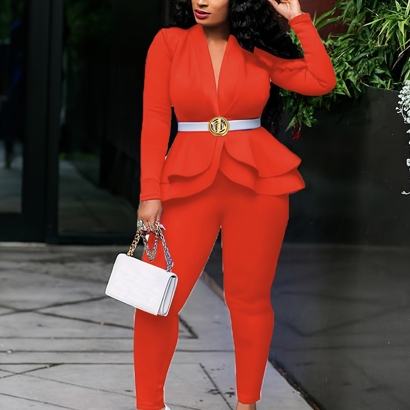 Fall/Winter Chic Solid Bodycon Tunic Pantsuit - Deep V-Neck, Ruffled Hem, Long Sleeve, Easy-Care Stretch Fabric for Casual Elegance