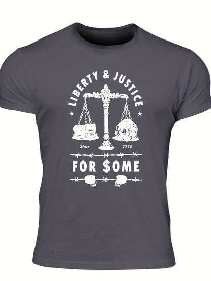 Men's "Liberty & Justice" Print T-shirt, Casual Comfy Slightly Stretch Crew Neck Tee, Men's Clothing For Summer Outdoor