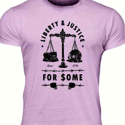 Men's "Liberty & Justice" Print T-shirt, Casual Comfy Slightly Stretch Crew Neck Tee, Men's Clothing For Summer Outdoor