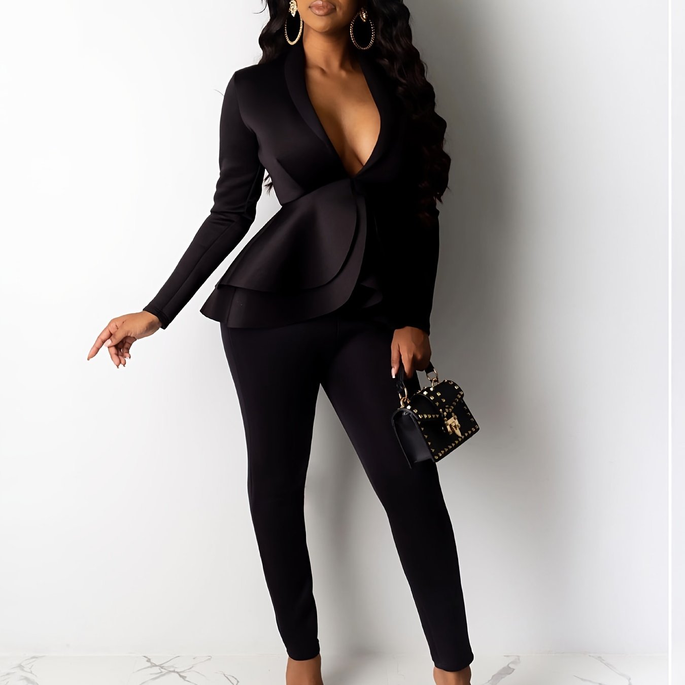 Fall/Winter Chic Solid Bodycon Tunic Pantsuit - Deep V-Neck, Ruffled Hem, Long Sleeve, Easy-Care Stretch Fabric for Casual Elegance